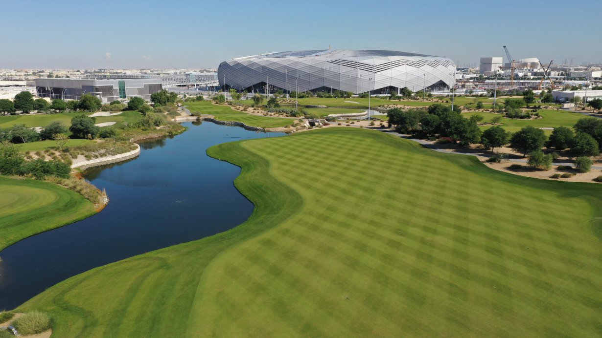 A view over the Education City golf course, with the 2022 FIFA World Cup Education City Stadium in the background. A view over the Education City golf course, with the 2022 FIFA World Cup Education City Stadium in the background.