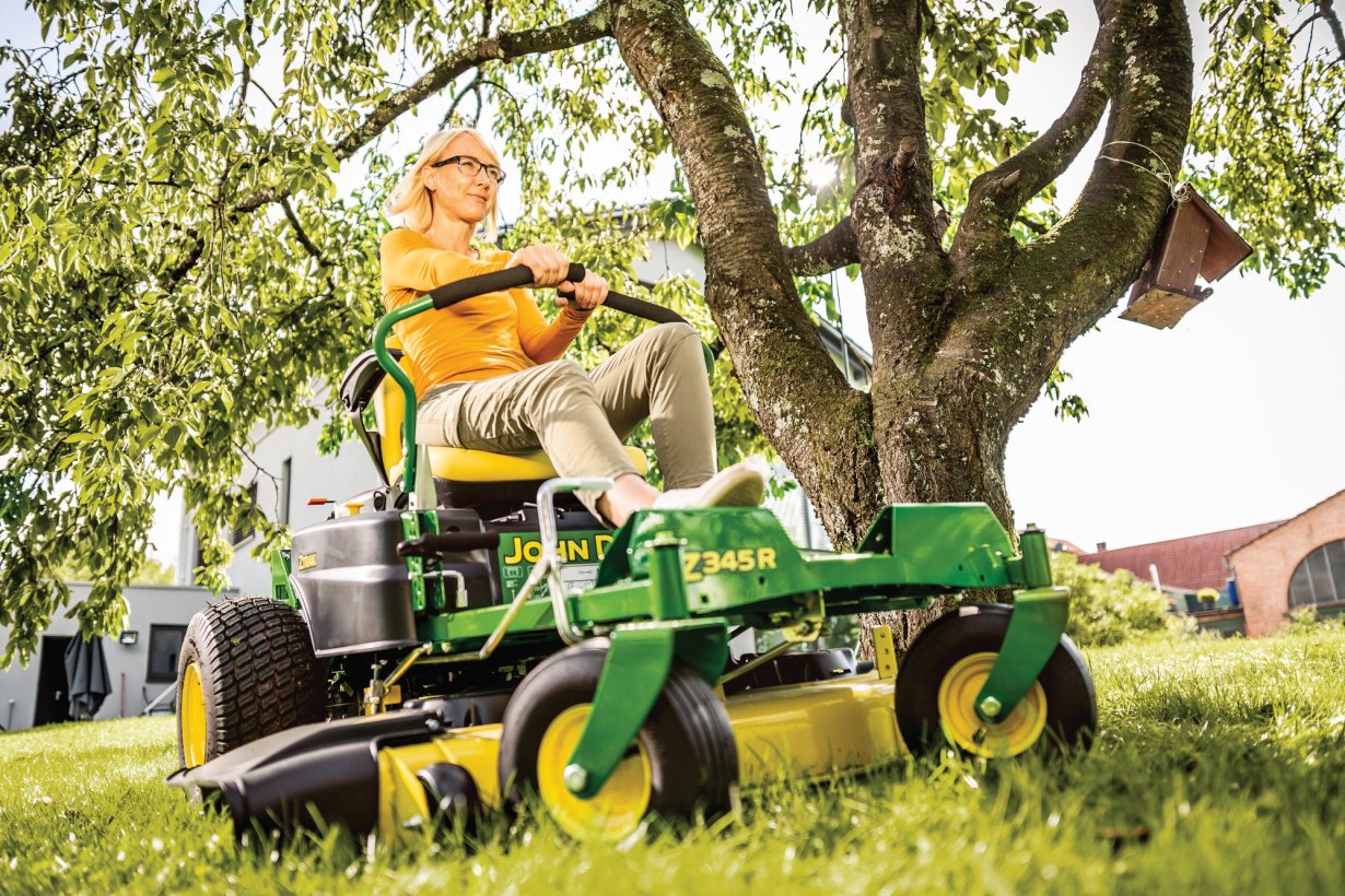 Pictured: John Deere Z345R. This product works around obstacles such as trees, flowers beds and other garden features, tight and narrow spaces are no problem and will handle slopes and rougher terrain quickly and without compromising on cut quality.