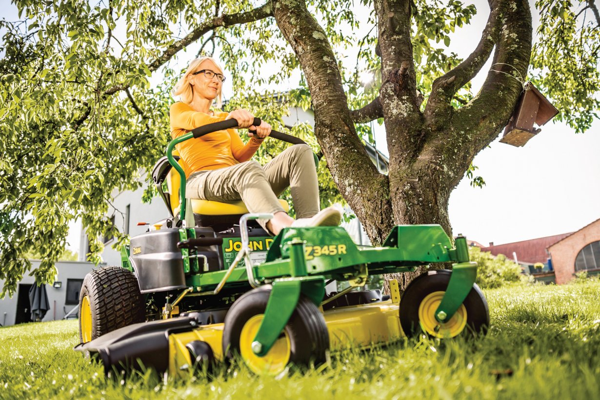 Pictured: John Deere Z345R. This product works around obstacles such as trees, flowers beds and other garden features, tight and narrow spaces are no problem and will handle slopes and rougher terrain quickly and without compromising on cut quality. Pictured: John Deere Z345R. This product works around obstacles such as trees, flowers beds and other garden features, tight and narrow spaces are no problem and will handle slopes and rougher terrain quickly and without compromising on cut quality.